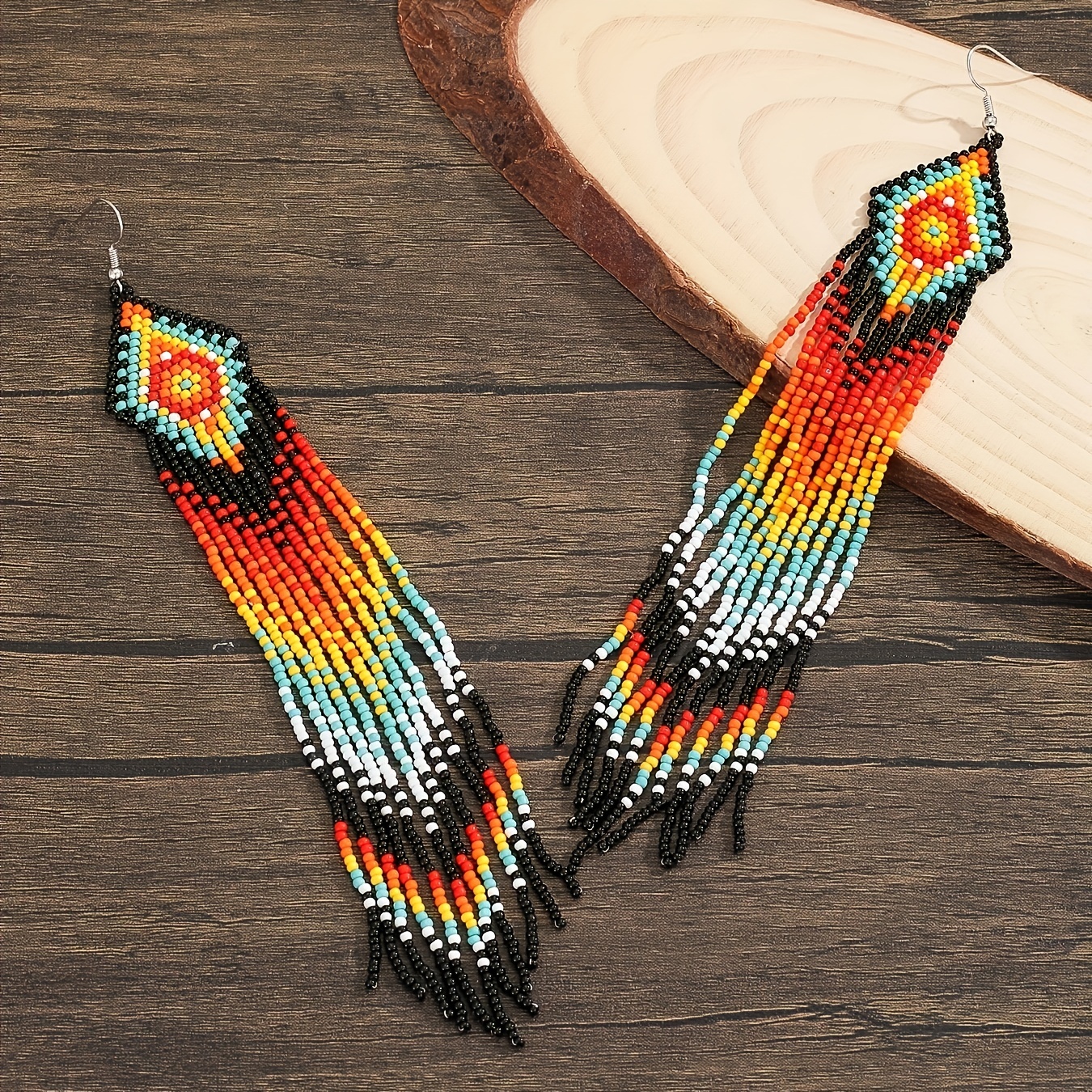 Boho Beaded Tassel Earrings Geometric Pattern Glass Material